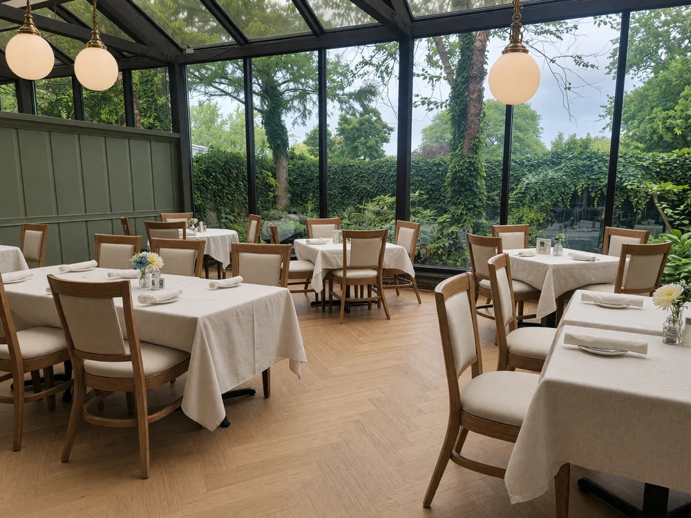 Grok Imagine Image 2.0 AI-edited Conservatory restaurant