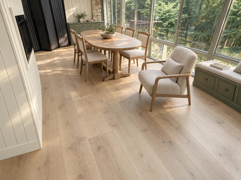 Sunburst AI renovation of the benchmark sunroom, with oak flooring and sage cabinetry